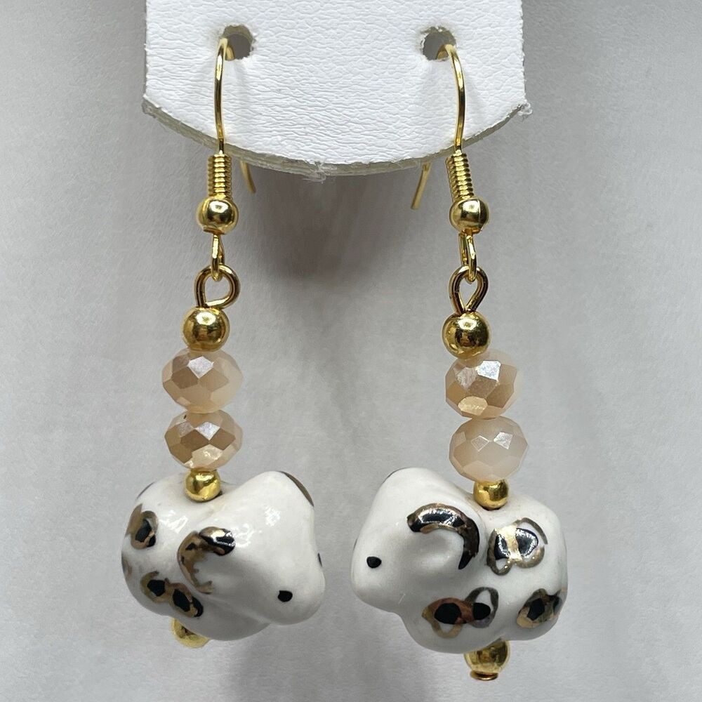 Artisan Ceramic Ram Gold Crystal Glass Beaded Earrings Dangle Gold Tone Unique